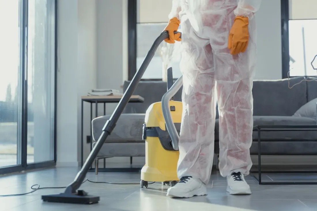 Cleaner methodically working through a space