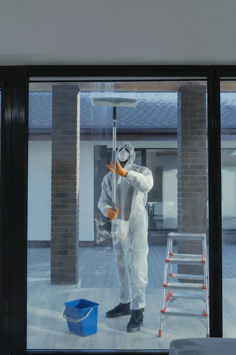 Cleaner wiping down a glass window